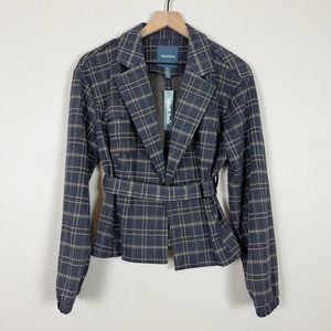 ModCloth Belted Metallic Silver and Bold Plaid Jacket Blazer Blue NWT Size M